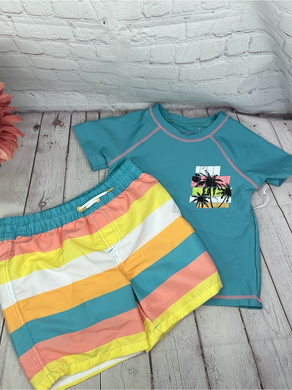 Stitch & stone tropical Rashguard & Stripe Swim Trunks boys 5 beach coastal
